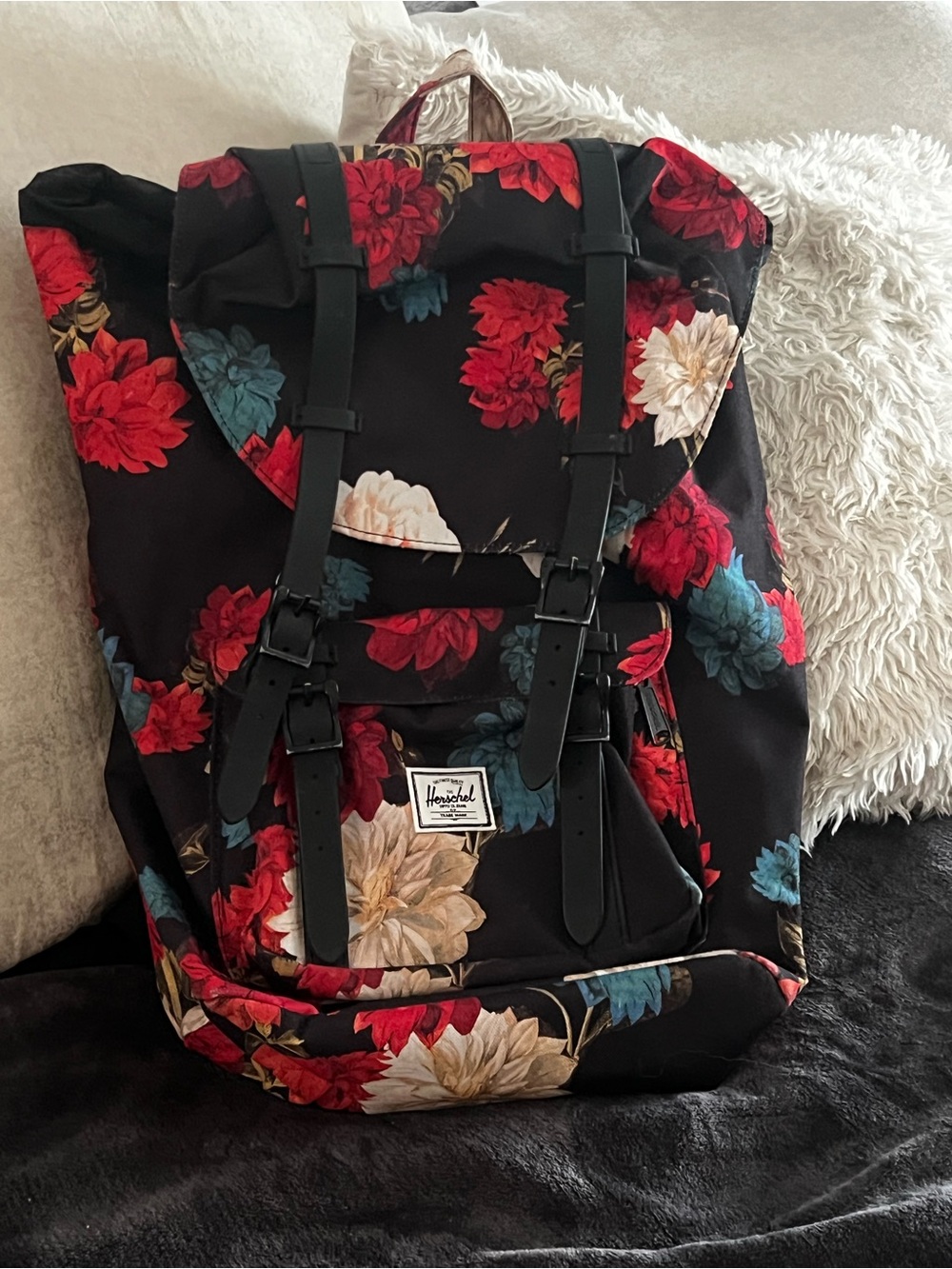Herschel Supply Company Black Floral Backpack with Red, Cream & Teal Accents